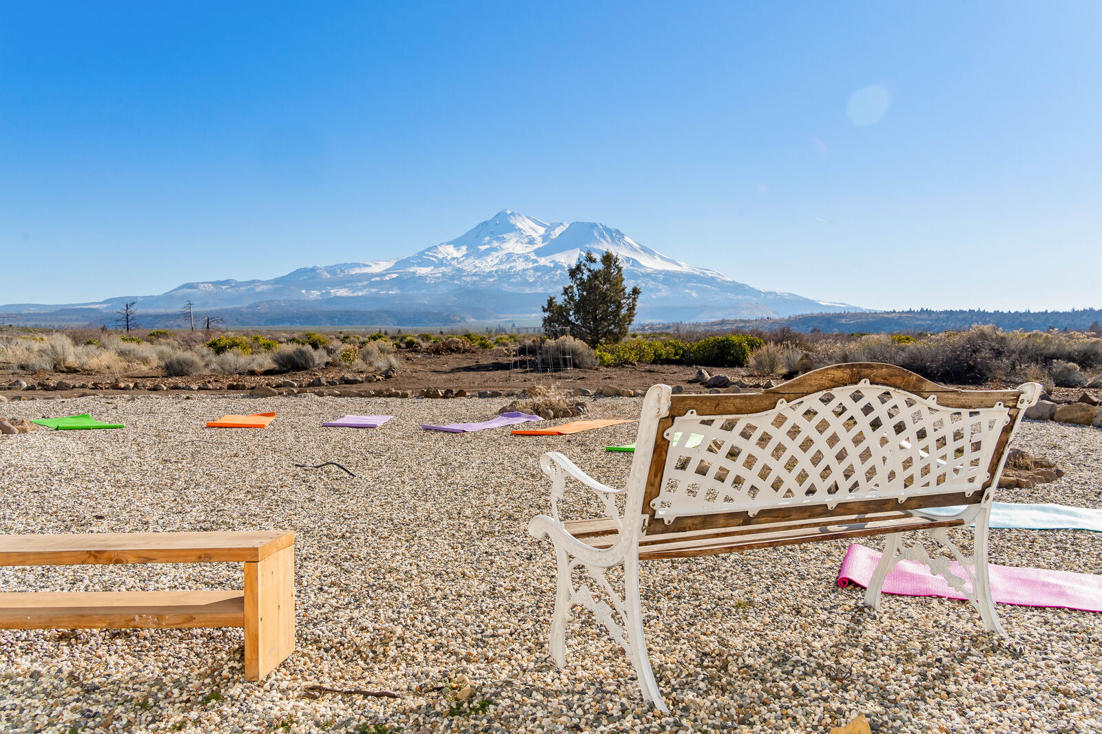 Outdoor meditation area with Mt. Shasta