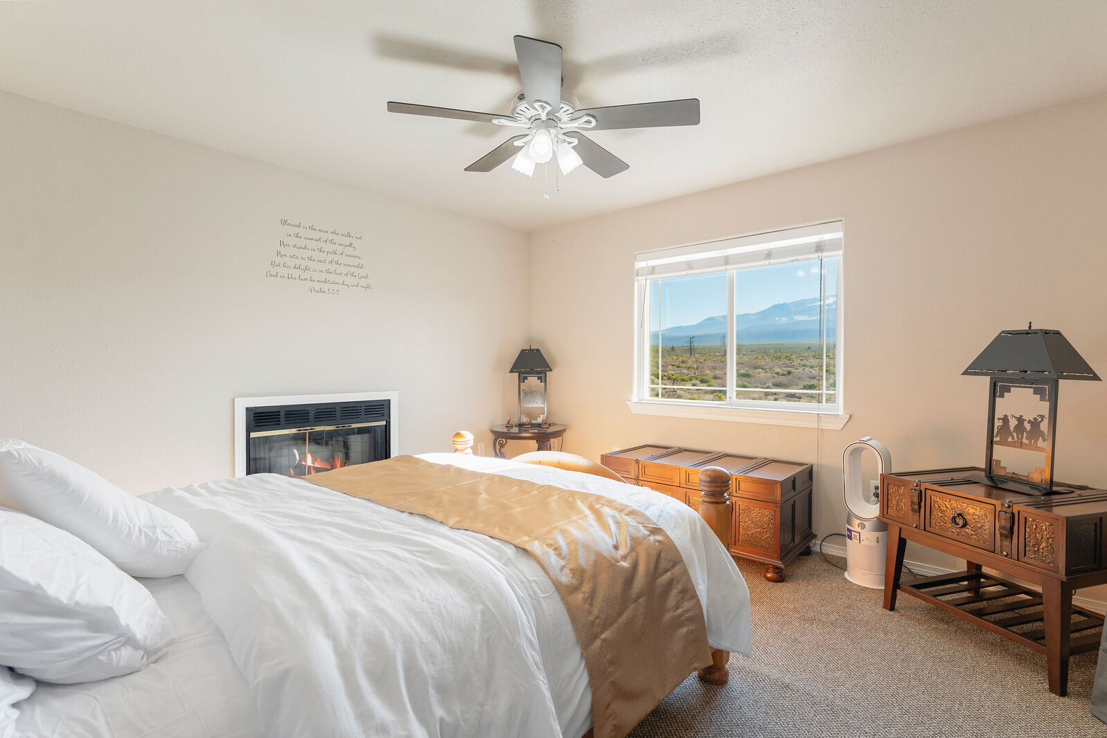 Sacral Chakra bedroom — queen bed, fireplace