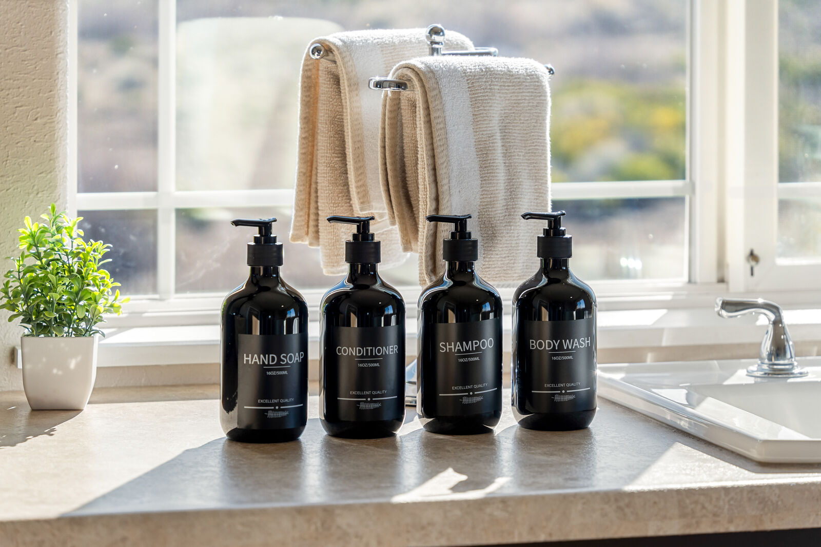 Bathroom vanity with Mt. Shasta view and amenities