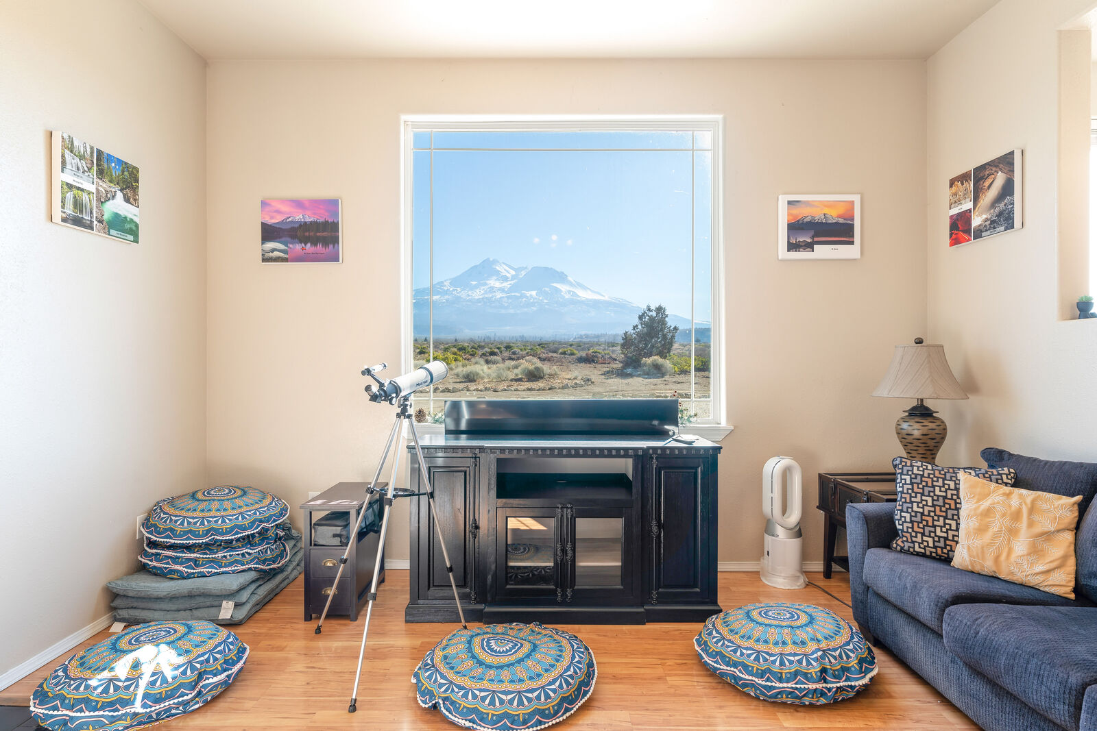 Living room with telescope and Mt. Shasta view