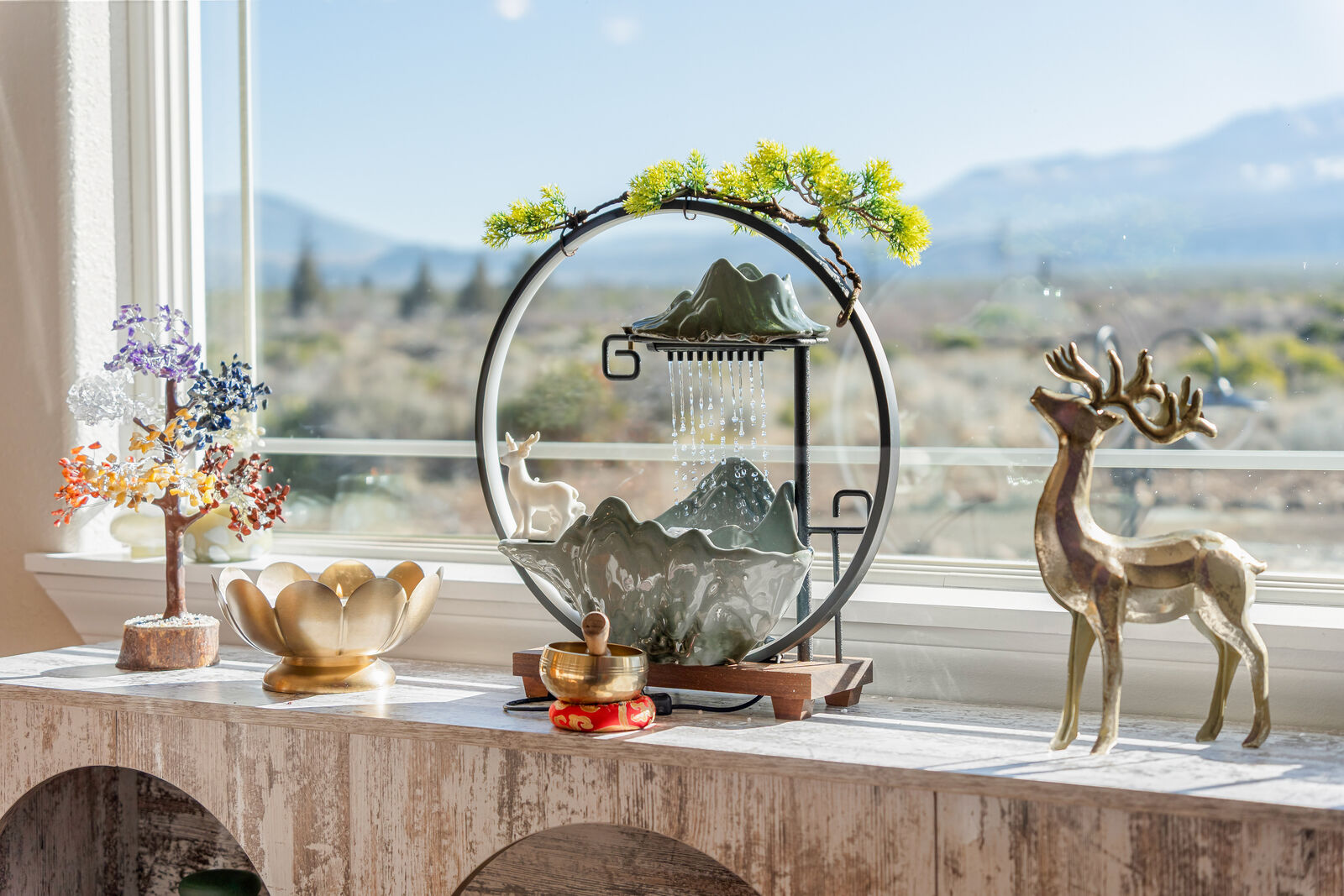 Zen decor with bonsai and mountain view